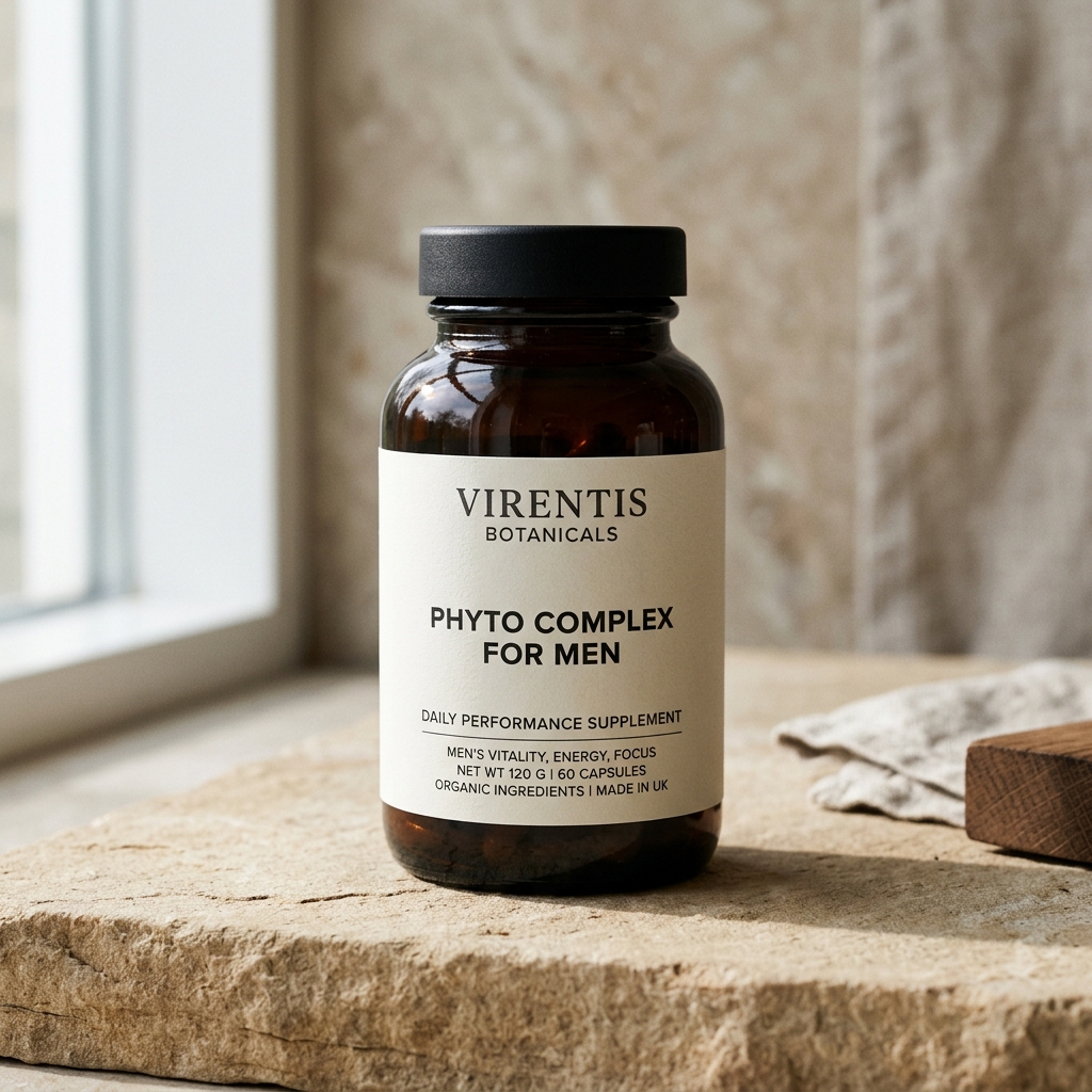 Flacone Virentis Phyto Complex con capsula botanica per il benessere maschile